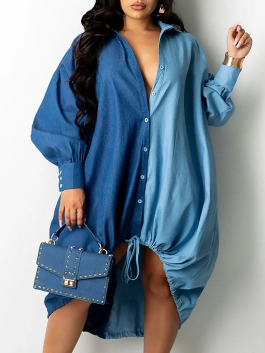 Plus Size Drawstring Patchwork Shirt Dress