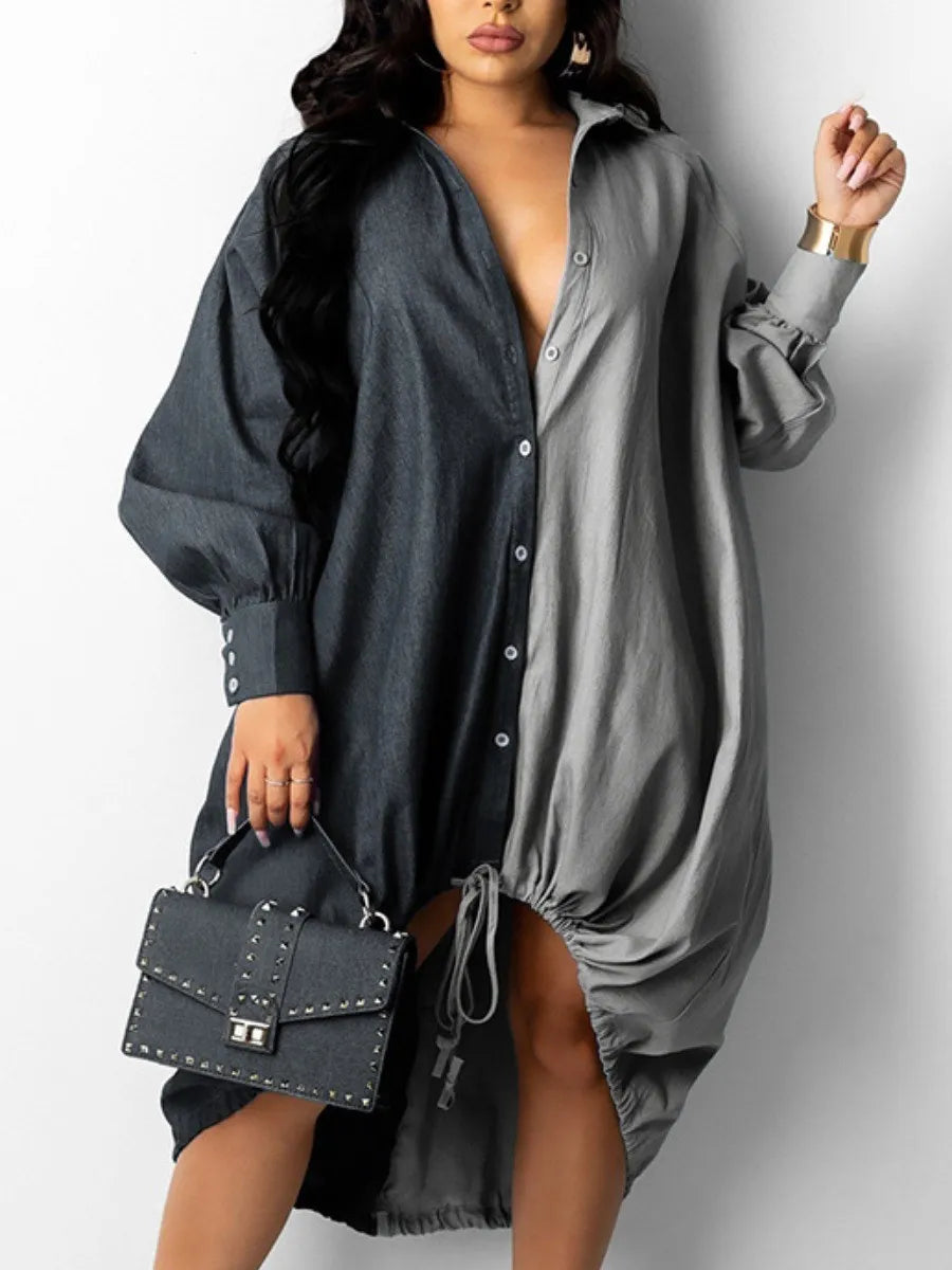 Plus Size Drawstring Patchwork Shirt Dress