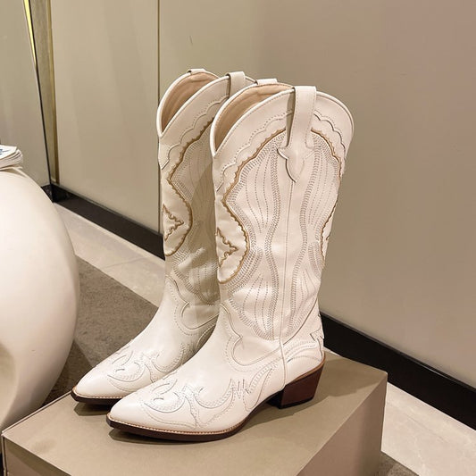 White Pointed Western Boot with Embroidery