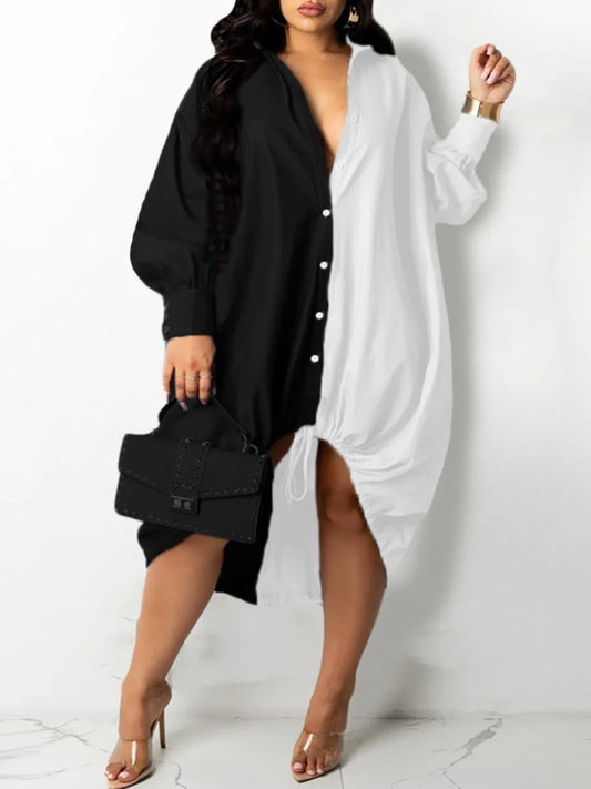 Plus Size Drawstring Patchwork Shirt Dress